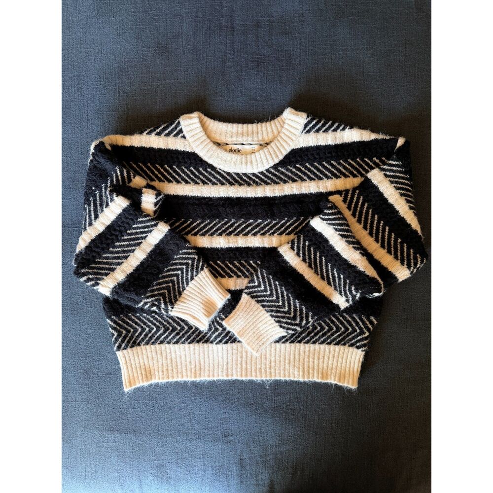 Elodie Black Cream Geometric Knit Sweater Chunky Pullover Womens XS